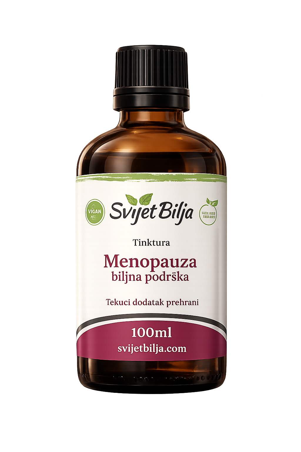 Tinktura za menopauzu Menopauza biljna podrška Svijet Bilja – biljna tinktura sa kaduljom, matičnjakom, šisandrom, crvenom djetelinom, hmeljom i smrdljivkom za prirodnu potporu u menopauzi